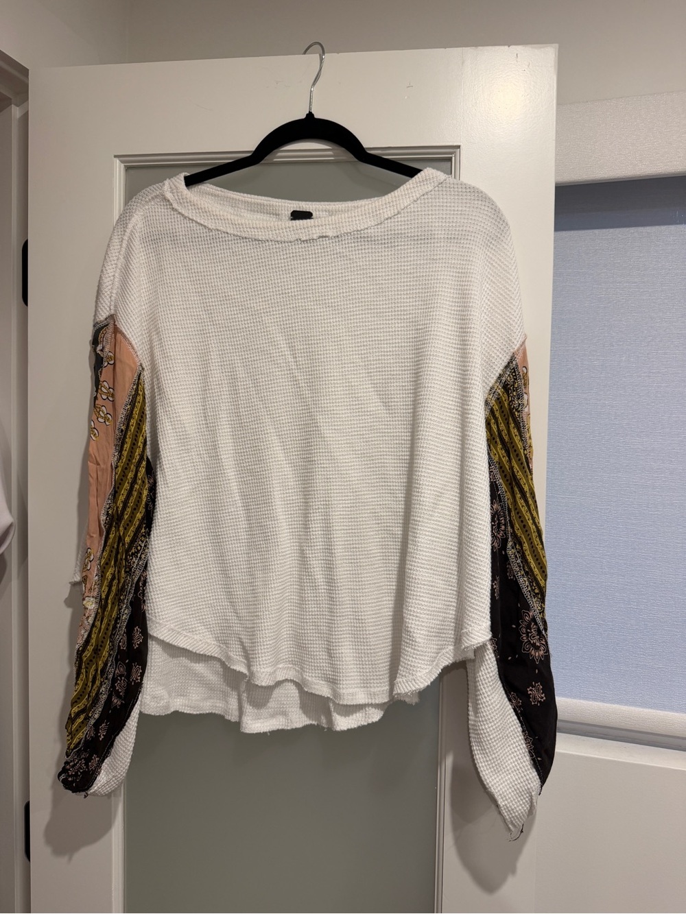 Free People White Waffle Knit Top with Patterned Balloon Sleeves